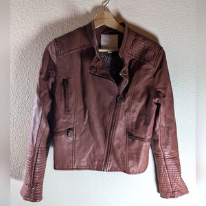 Anthropologie Brown Leather Jacket Asymmetrical Zipper Fitted Silhouette